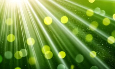 Poster - Rays of light and glowing particles burst outward from a central point on a green background creating an ethereal scene made with Generative AI technology
