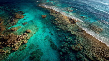 Poster - Aerial view of turquoise water over coral reef, showcasing vibrant underwater scene, representing ocean beauty and tranquility