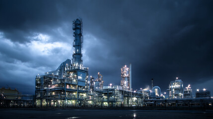 Poster - Night view of illuminated industrial complex under a dramatic sky, showcasing powerful infrastructure and energy production, symbolic of industry and progress