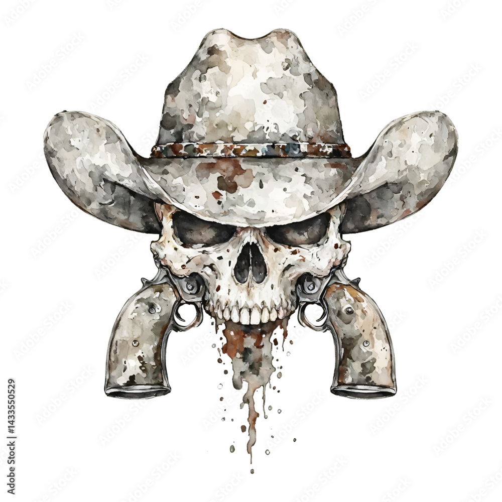Skull Head Wearing Cowboy Hat with Guns Watercolor Isolated Hand Drawn ...