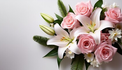Wall Mural - pink roses and white lily floral arrangement