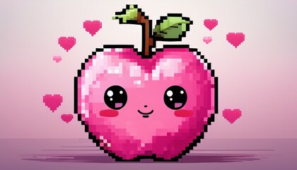 Wall Mural - pink kawaii pixel art apple with hearts