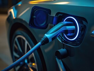Aufkleber - 青いプラグが電気自動車の充電ポートに接続され夜間の暗い背景で青いライトが光る