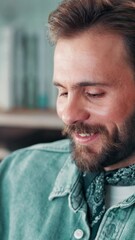 Poster - Creative, reading and smile with business man in office for design or web development. Computer, information and programming with happy designer in workplace for review of code, language or script