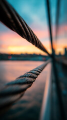 Poster - Close-up of dark steel cable texture against blurred sunset background.  Shows strength, resilience, connection.