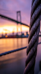 Poster - Close-up of dark rope texture, detailed strands visible against blurred sunset and bridge background, suggesting strength, resilience, and connection