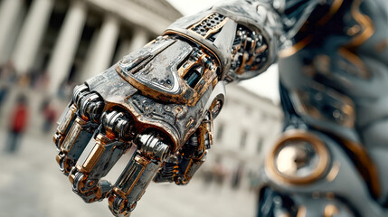 Poster - Close-up view of a detailed golden and white robotic hand, combining elegance and technology