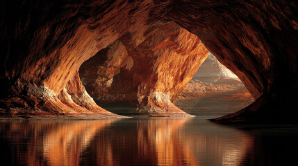 Poster - Orange rock cave reflected in calm water, creating a symmetrical, serene image symbolizing mystery, nature, and tranquility