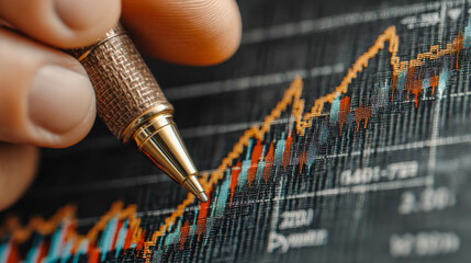 Poster - Golden pen pointing at a rising graph line on a black financial chart, next to stacks of coins