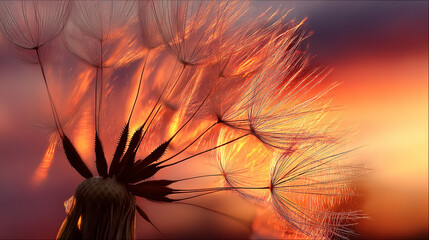 Aufkleber - Close-up of dandelion seeds backlit by sunset, creating a fiery orange and pink hue.  The image symbolizes hope, new beginnings, and the ephemeral nature of life.