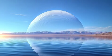 Poster - 水面に浮かぶ立方体構造 青い空と夕日の風景 抽象的な未来的なビジュアル表現