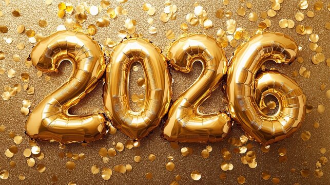 Metallic number balloons shaped as  against shimmering gold background