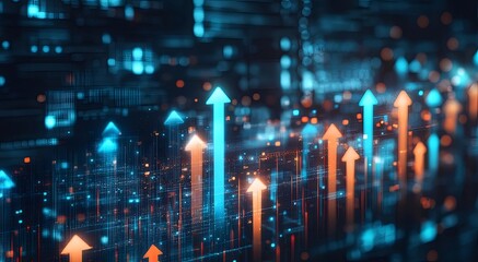 Aufkleber - 青とオレンジの矢印が上昇するデジタルデータグラフィックの背景 未来的なテクノロジーのコンセプト