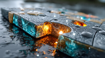 Poster - Close-up of a glowing puzzle piece on a wet surface, with illuminated amber and blue glass textures and water droplets