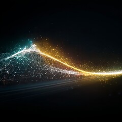 Fototapete - Abstract Glowing Network: Data Stream Visualization with Teal and Gold Elements on Black Background.