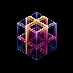 Poster - Abstract Gradient Cube Structure on Black Background, Geometric Shape with Neon Lighting and Intersecting Lines
