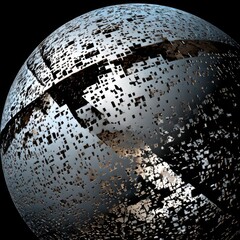 Fototapete - Abstract Spherical Structure with Perforated Metallic Surface Against a Black Background