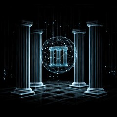 Fototapete - Cyberpunk Temple: A Digital Rendition of Classical Architecture and Data Connectivity 