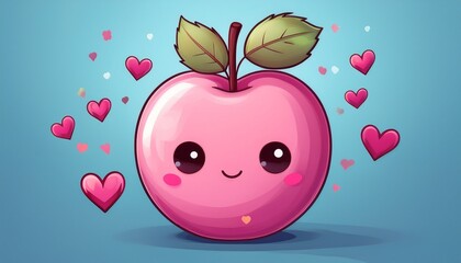 Wall Mural - cute pink cartoon apple with hearts and leaves on blue background
