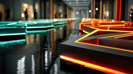 Poster - Abstract black metal blocks with glowing edges and wet reflective texture, arranged in a geometric futuristic layout