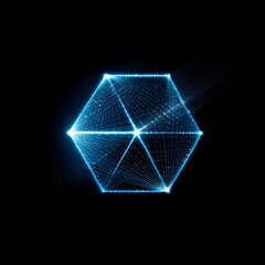 Poster - Glowing Blue Hexagon with Internal Triangles: Abstract Digital Art with Intense Light Beams on a Black Background
