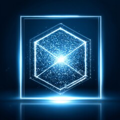 Poster - Neon Cube: Glowing Geometric Abstract with Sparkling Particle Cloud and Reflection, Tech Art.