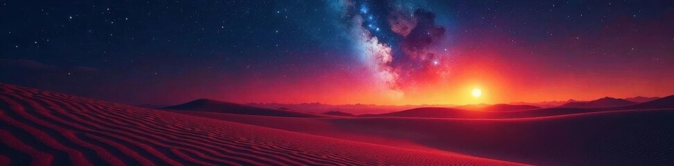 Wall Mural - Star-streaked sky over rolling sand, glowing embers , space, night photography, scenic