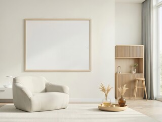 Poster - 木製フレームと白い壁のモダンリビングルーム ソフトな色の椅子と装飾品 自然光が差し込むエレガントな空間