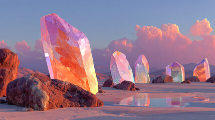Poster - Giant translucent crystals rising from rocky terrain under a pink sky, reflecting sunset colors in a surreal desert landscape