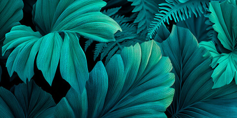 Aufkleber - Close-up of teal-colored tropical leaves, showcasing intricate texture and vibrant color, symbolizing nature, freshness, and tranquility, ideal for design or print projects