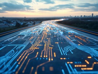 Poster - 回路基板のデザインされたデジタル高速道路が夕焼け空と都市背景を映し出す