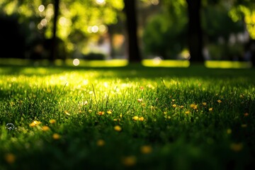 green grass with blurred trees and sunlight