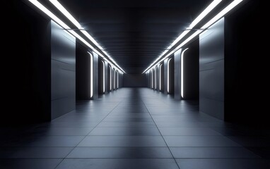 Aufkleber - 青い光が照らす未来的な通路のデザイン 暗い背景と幾何学的な構造の3Dレンダリング