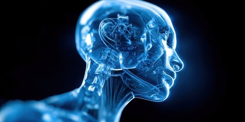 A man's head is shown in a blue light