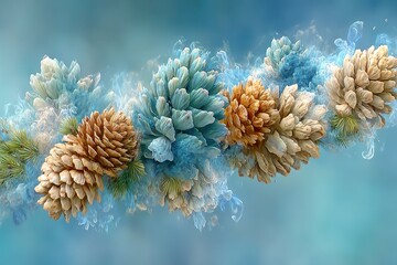 Poster - Winter Solstice Double Exposure of Pine Cones with Soft Blue Background and Ethereal Effects