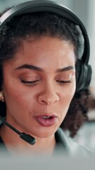 Aufkleber - Headset, woman and call center agent in office with communication, contact us or helpdesk. Talking, mic and female customer experience manager with online CRM for client support in workplace.