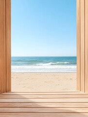 wooden frame view of serene beach, clear sky, ocean waves lapping sandy shore