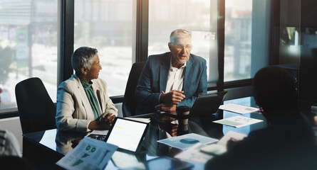 Aufkleber - Meeting, planning and people with laptop, boardroom and discussion for stats, team and company. Corporate, colleagues and analysis of charts in business, collaboration and communication for updates