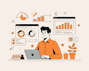 Poster - Business analytics: Man analyzing data and graphs on a laptop, vector illustration for marketing and business intelligence.