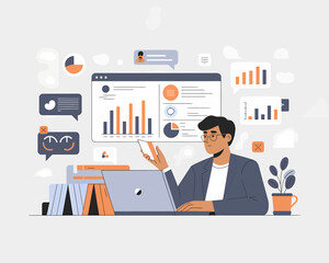 Poster - Data-Driven Decisions: Professional Analyzing Business Insights with Charts and Graphs, Flat Vector Illustration
