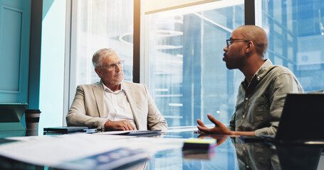 Poster - Meeting, team and men with ideas, boardroom and discussion for stats, collaboration and communication. Talking, mature person and listening to employee with pitch, planning and strategy for business