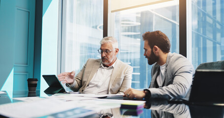 Poster - Meeting, collaboration and men with tablet, boardroom and discussion for stats, colleagues and company. Corporate, team and analysis of updates on website, employee and boss with tech in business