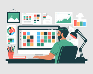 Poster - Graphic designer man working at his office at computer using color swatches for project, business illustrations