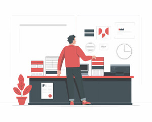 Poster - Office workflow illustration: Man organizing paperwork at desk with charts in background