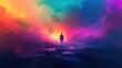 © Bassmallah - A solitary figure stands silhouetted against a vibrant, otherworldly sky, with swirling clouds in hues of blue, green, orange, and purple.