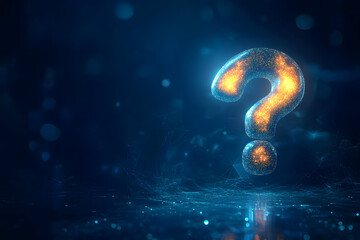 Poster - A 3D rendering of an abstract glowy question mark interface on a blue background. Technology, information, online help, and problem solving concept.