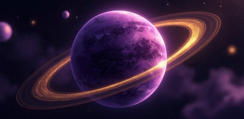 Aufkleber - A stunning, purple planet adorned with bright rings, set against a cosmic background filled with other celestial bodies.