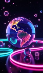 Poster - A vibrant, futuristic globe of the Americas surrounded by glowing neon rings and crystal-like spheres, creating a visually striking cosmic scene.