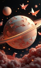 Aufkleber - A whimsical, artistic representation of a planet with origami butterflies, surrounded by cosmic elements and a vibrant, dreamlike atmosphere.