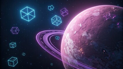 Aufkleber - A vibrant digital depiction of a planet with rings, surrounded by glowing geometric shapes in a starry cosmic background.